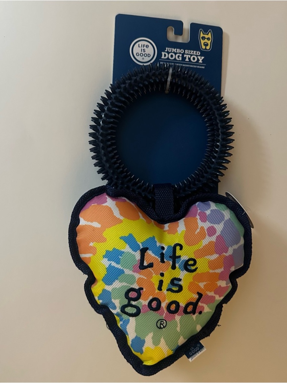 Life Is Good Oxford Heart Crinkle Squeaker Blue Textured Ring Jumbo Dog Toy NEW